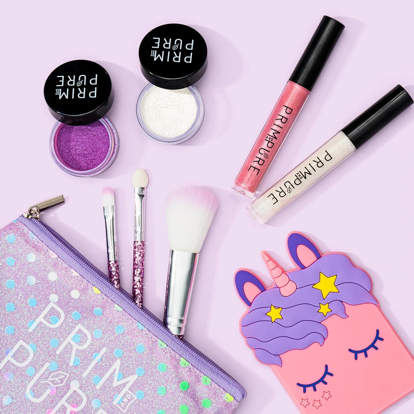 Prim and Pure Mineral Gift Set with Unicorn Mirror| Perfect for Play Dates & Birthday Parties | Kids Eyeshadow Makeup – Mineral Blush | Organic & Natural Makeup Kit for Kids| Made in USA (Purple)