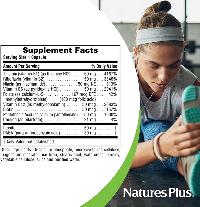 Natures Plus Super B50-90 Vegetarian Capsules - High Potency B Complex Vitamin Supplement - Brain & Energy Booster - Gluten-Free - 90 Servings