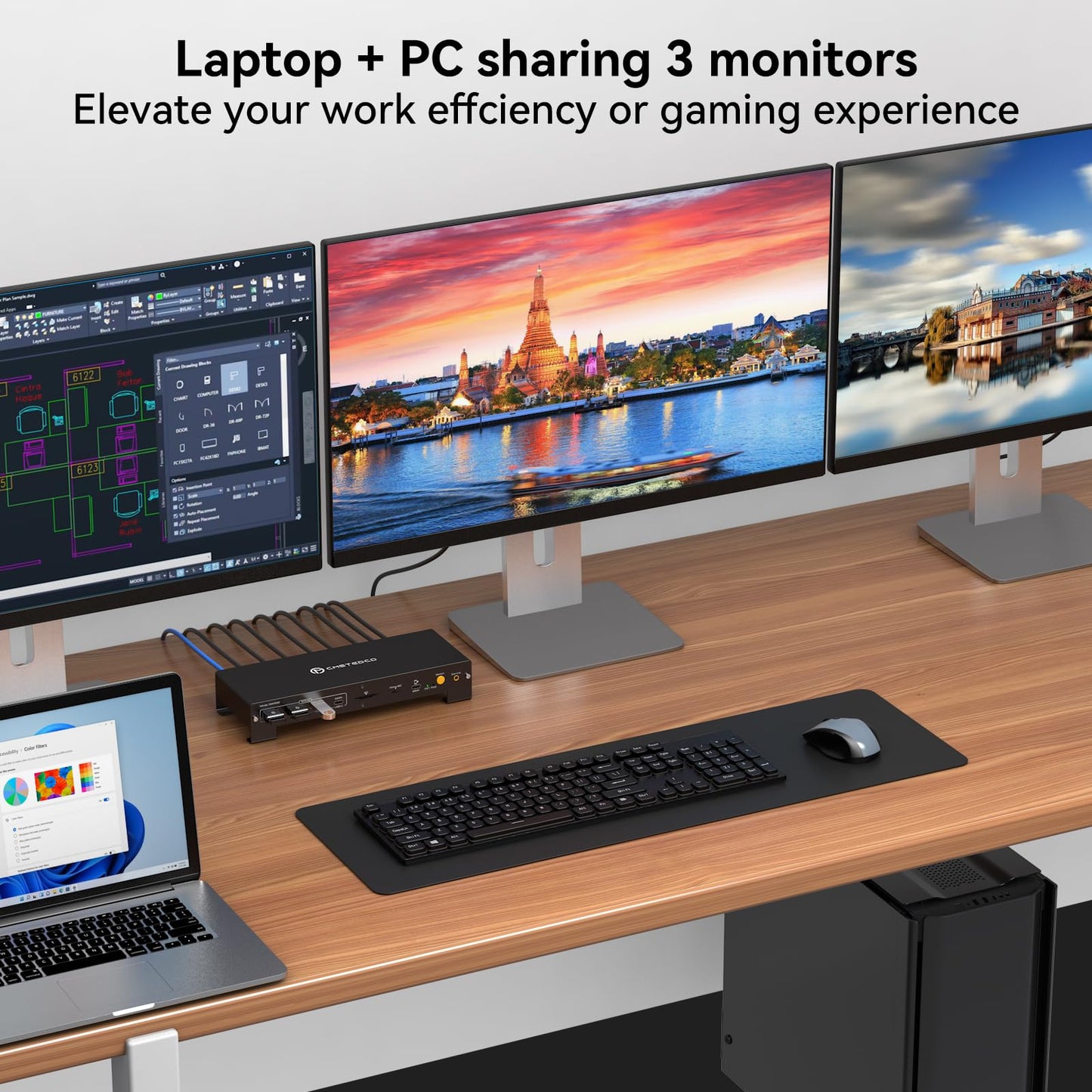 KVM Switch 3 Monitors 2 Computers 4K@120Hz Displayport and 4K@60Hz HDMI USB C KVM Switch Docking Station Shared Dual or Triple Monitors for Thunderbolt 3 Laptop and Desktop Support 100W PD Charging