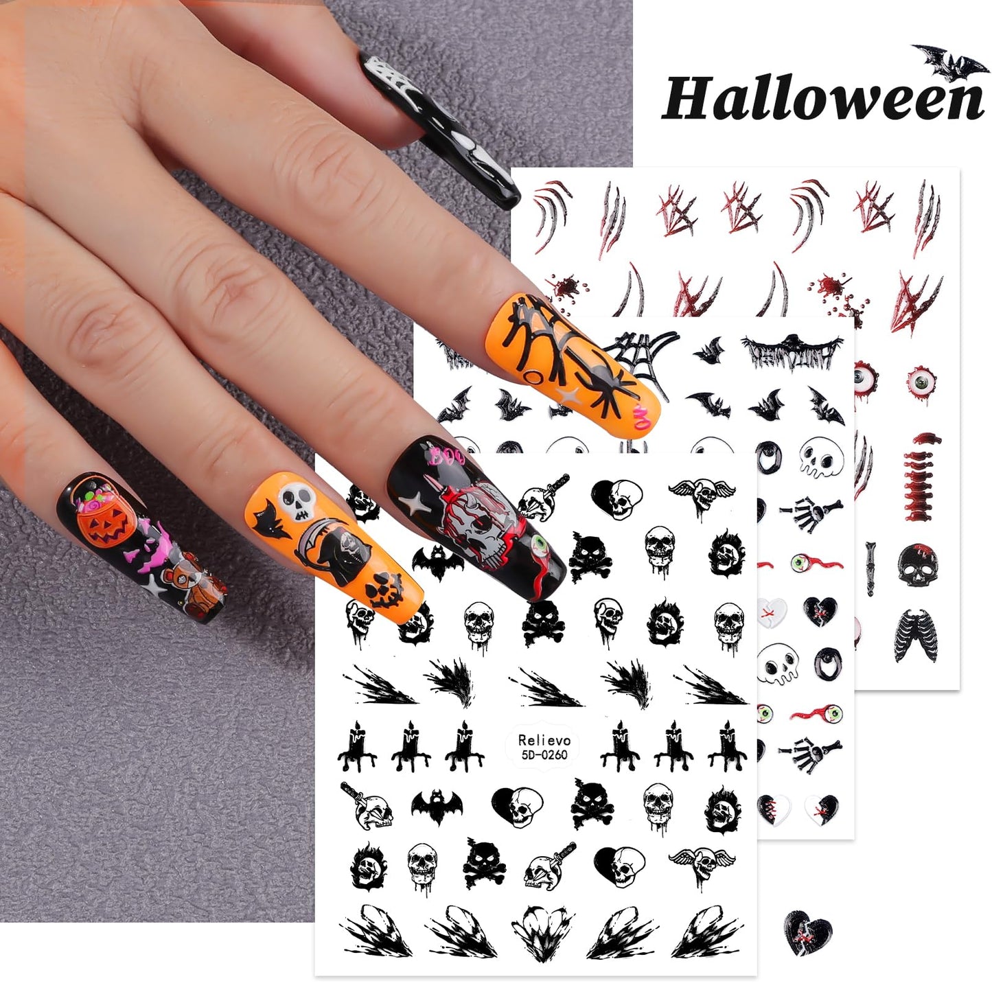 9 Sheets Halloween Nail Art Stickers 5D Embossed Nail Decals Ghost Pumpkin Bat Cat Skull Spider Web Gothic Nail Supplies for Wom