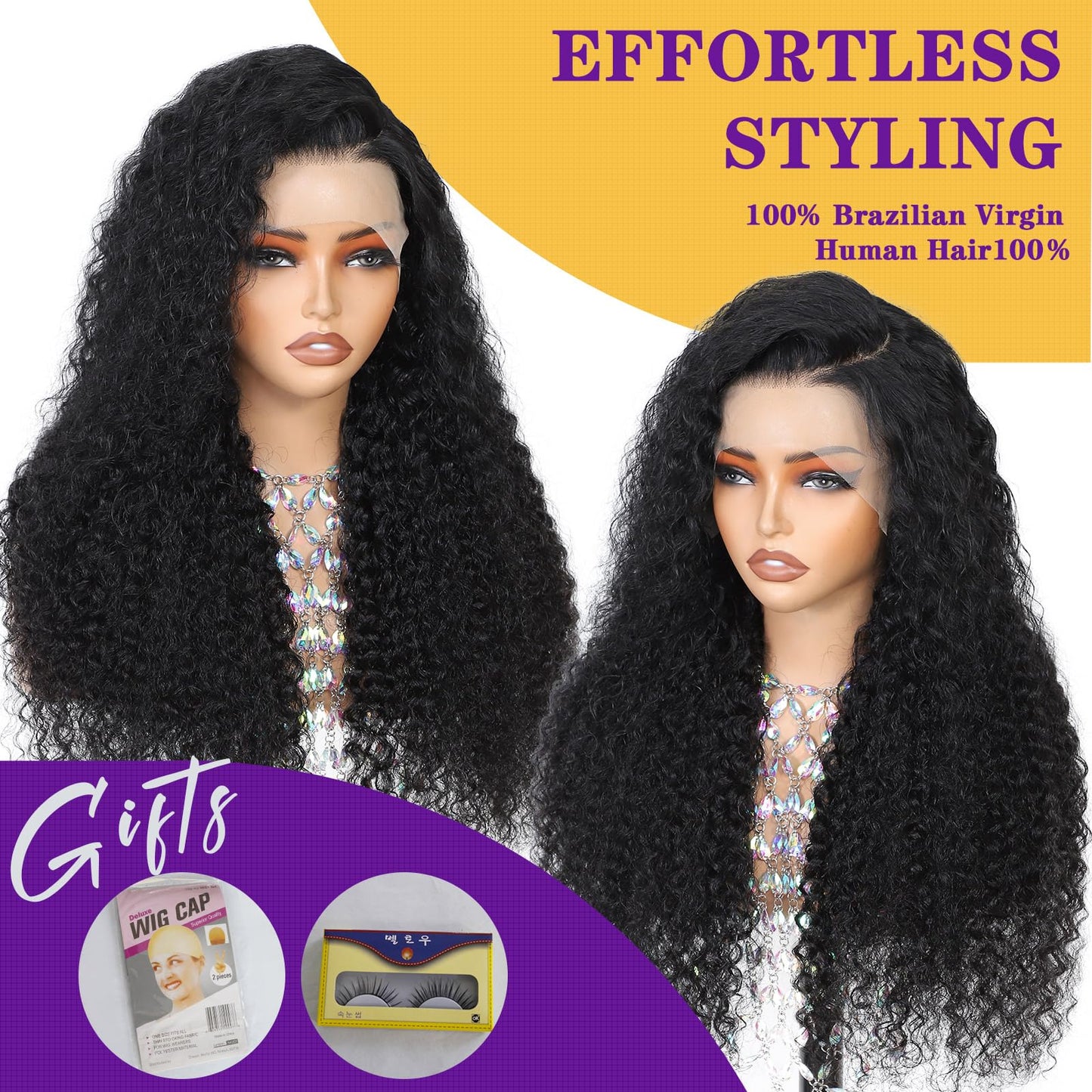 Gulenme 13x6 HD Transparent Deep Wave Lace Front Wigs Human Hair 200 Density for Women Curly Wet and Wavy Lace Frontal Human Hai