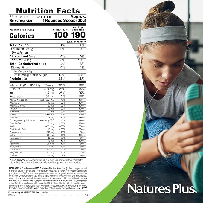 Natures Plus SPIRU-TEIN, Vanilla - 2.12 lbs, Pack of 2 - Spirulina Protein Powder - Vitamins & Minerals for Energy - Vegetarian, Gluten Free - 64 Total Servings