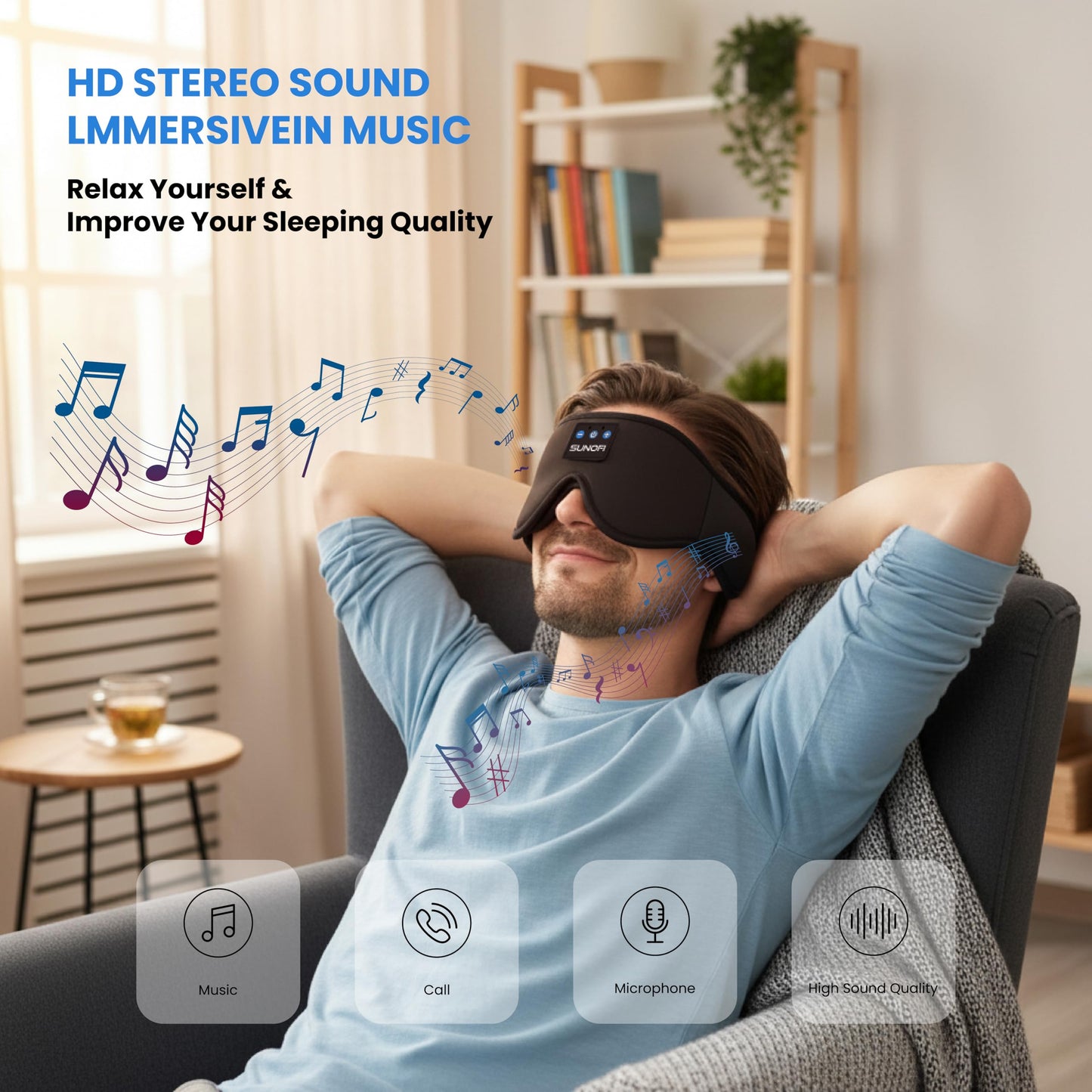 SunoFi Sleep Headphones Bluetooth 5.4, 3D Sleep Mask with Ultra-Thin HD Stereo Speakers, Wireless Music Eye Mask Headphones for Side Sleepers, Travel, Relaxation