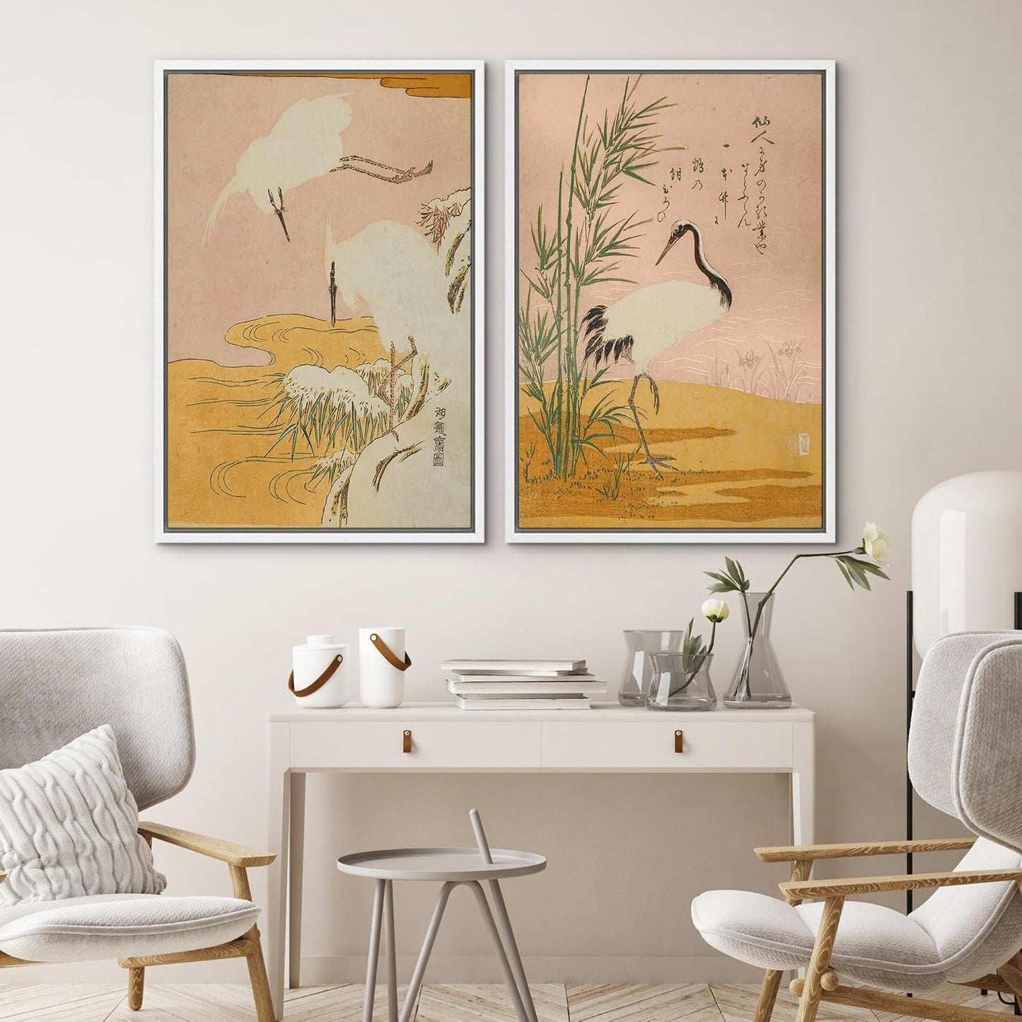 SIGNWIN Framed Canvas Print Wall Art Set Japanese Crane Vintage Style Bird and Bamboo Illustrations Modern Art Rustic Minimal for Living Room, Bedroom, Office - 16"x24"x2 White