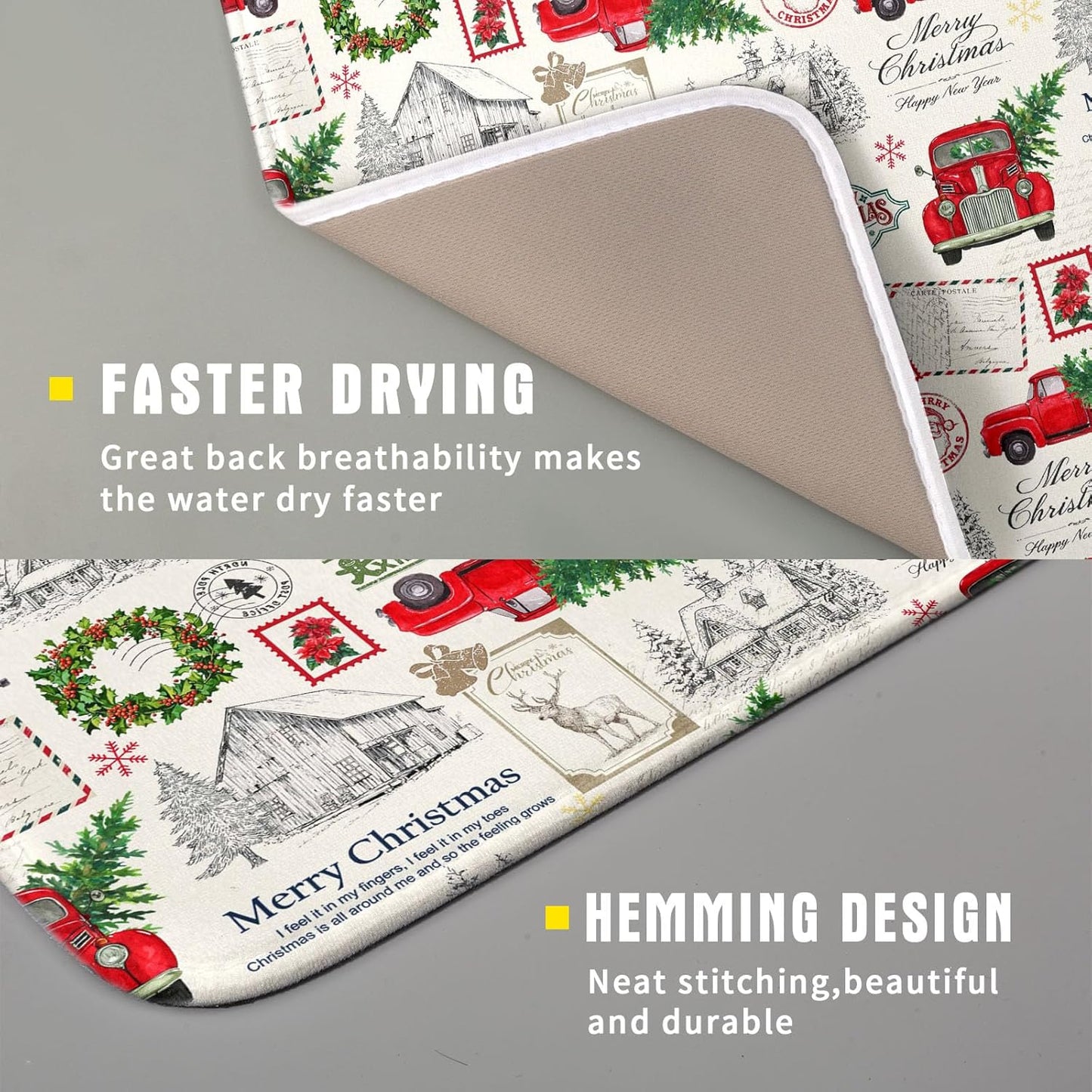 Christmas Red Truck Dish Drying Mat for Kitchen Counter Vintage Xmas Theme Drying Mat 16x18 Inch Winter Holiday Absorbent Dish Drainer Mat Christmas Kitchen Accessories