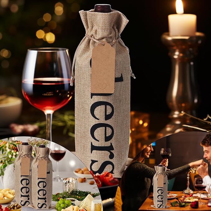 SIRIPHUM Burlap Wine Bags and Gift Tags, Wine Bottle Gift Bags with Drawstrings,Wine Bags Gift for Travel, Wedding, Holiday Party,Birthdays,Housewarming and Dinner Party (Natural-12PCS)
