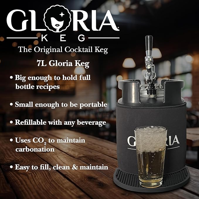 Gloria 7L (1.8 Gal) Mini Keg, Pressurized Keg for Drinks, with Tap System, Co2 Regulated, Stainless Steel