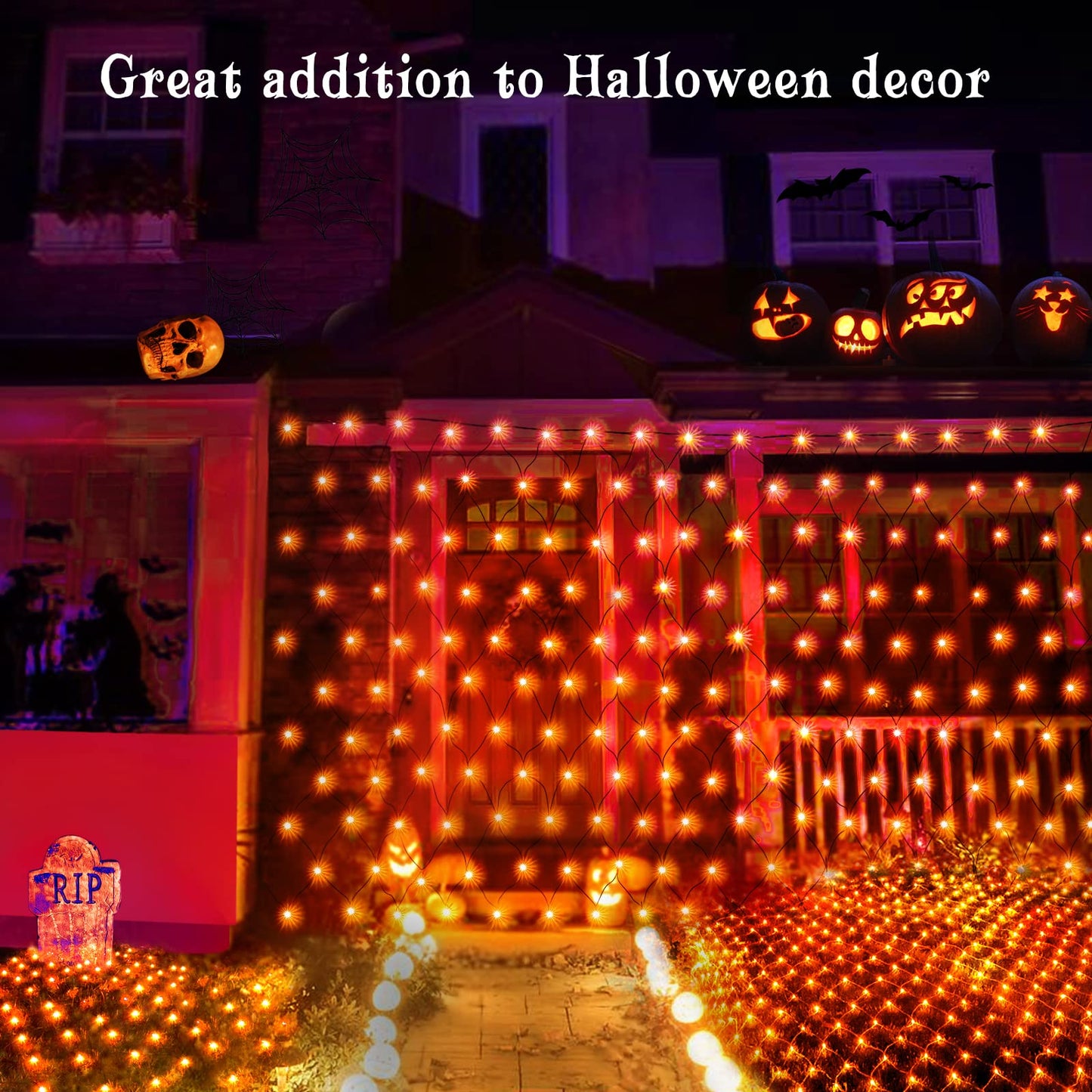 BlcTec Halloween Net Lights 360 LED 9.8ft x 6.6ft, Orange, 8 Modes, Waterproof, Dark Green Wire