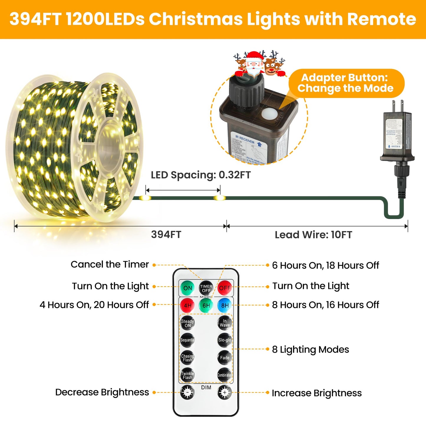 Larkvue 394Ft 1200 Leds String Lights With Remote  Waterproof Dimmable 8 Modes Christmas Tree Fairy Rope Light With Timer & Memory Function-Warm White
