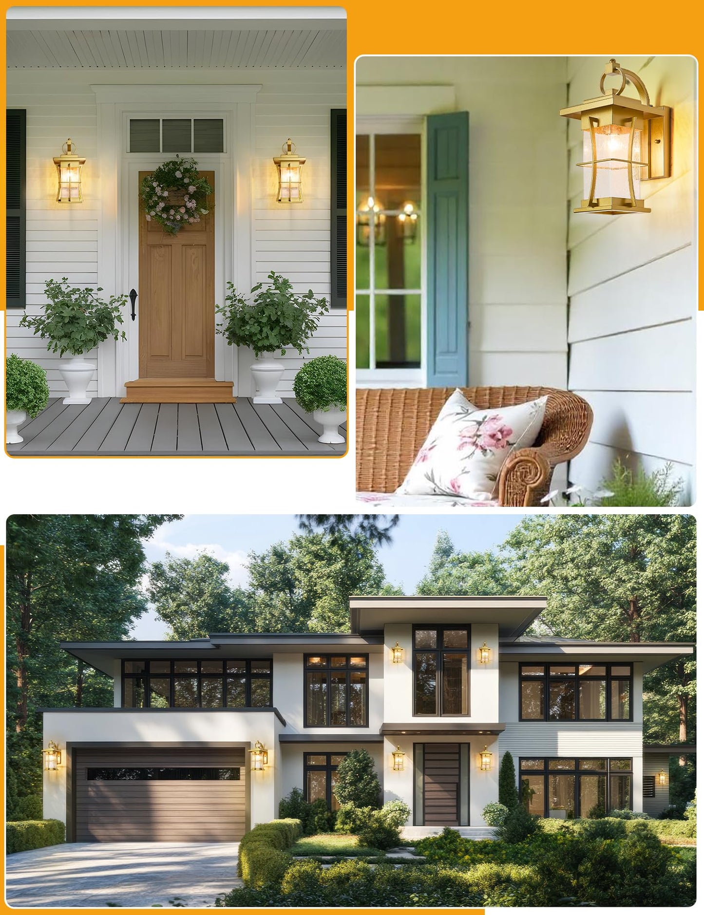 EERU Gold Outdoor Wall Lantern, Dusk to Dawn, Large, Waterproof, Metal, Photocell Sensor, Seeded Glass Sconce