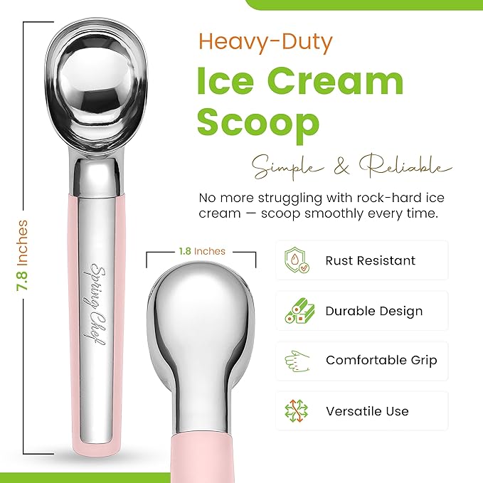 Spring Chef Heavy Duty Metal Ice Cream Scoop - Dishwasher Safe Ice Cream Scooper, Commercial Icecream Scoop Spade, Professional Kitchen Tool for Gelato, Melon, Sundae, Cookie Spoon - Pink Lemonade