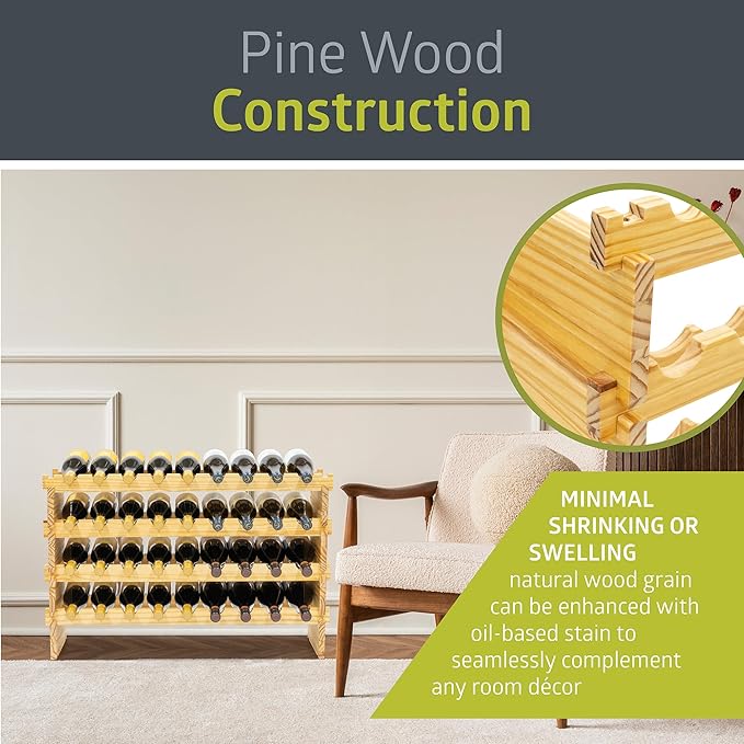 Pearington 36 Bottle Stackable Modular Wine Rack, 4-Tier Solid Pine Wine Bottle Holder, Free Standing Display Shelf, Wobble-Free Shelves for Kitchen, Bar, and Cellar, 10” x 33.5” x 21”