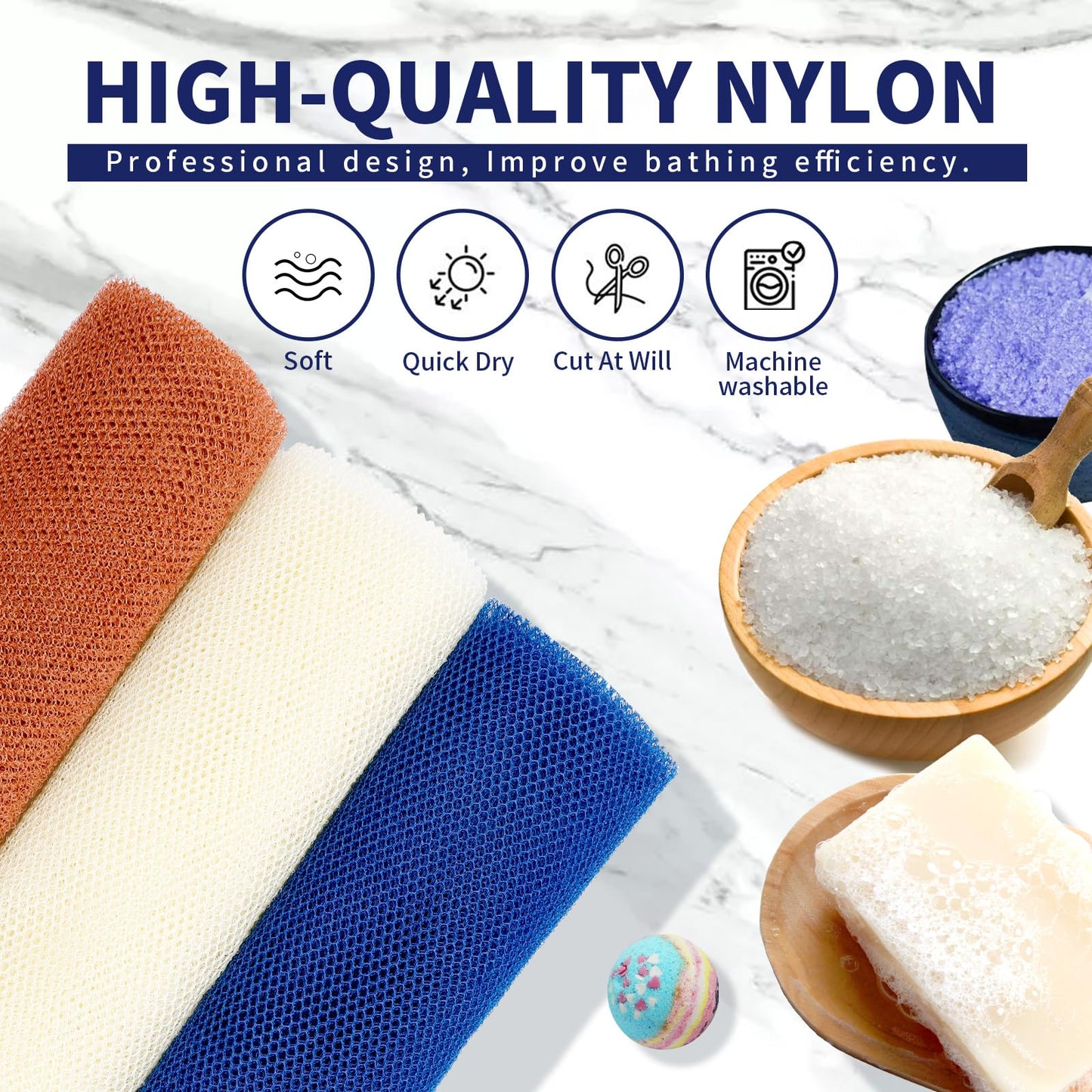 FARMOGA African Exfoliating Sponge - Long Net Bath Sponge & Body Scrubber (3pcs Brown, Beige, Blue)