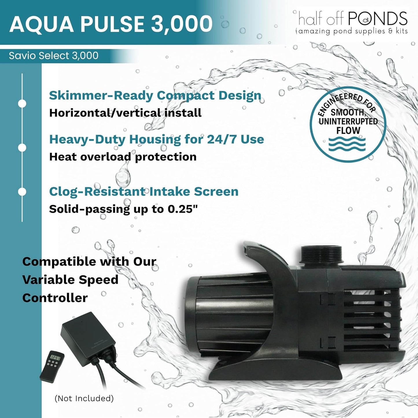 HALF OFF PONDS Savio Select 3,000 GPH Submersible Pump Pond Kit with 20' x 20' EPDM Rubber Pond Liner, UV Clarifier for Water Garden & Koi Pond