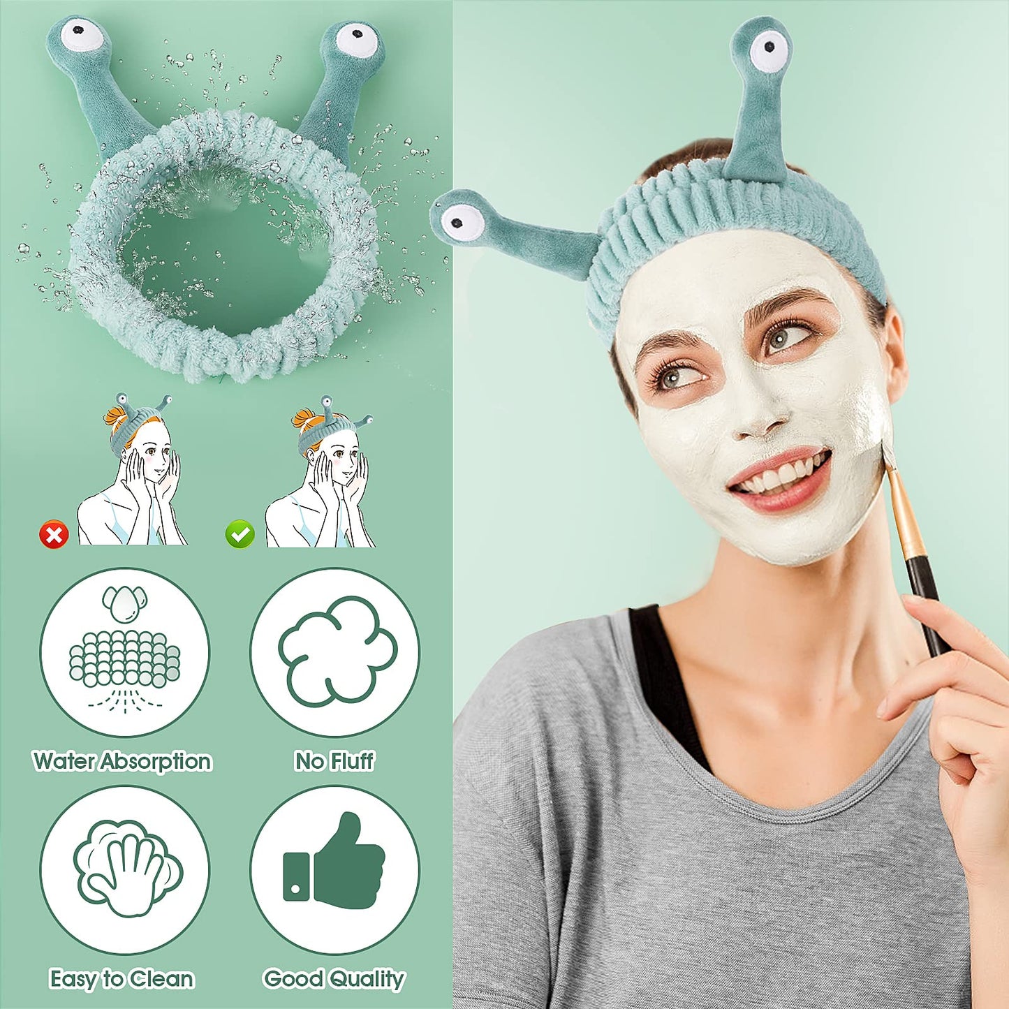 Molain Face Wash Headband, Palm and Snail Spa Hair Bands Makeup Headbands Women Cartoon Cute Coral Fleece Elastic Headband Creat