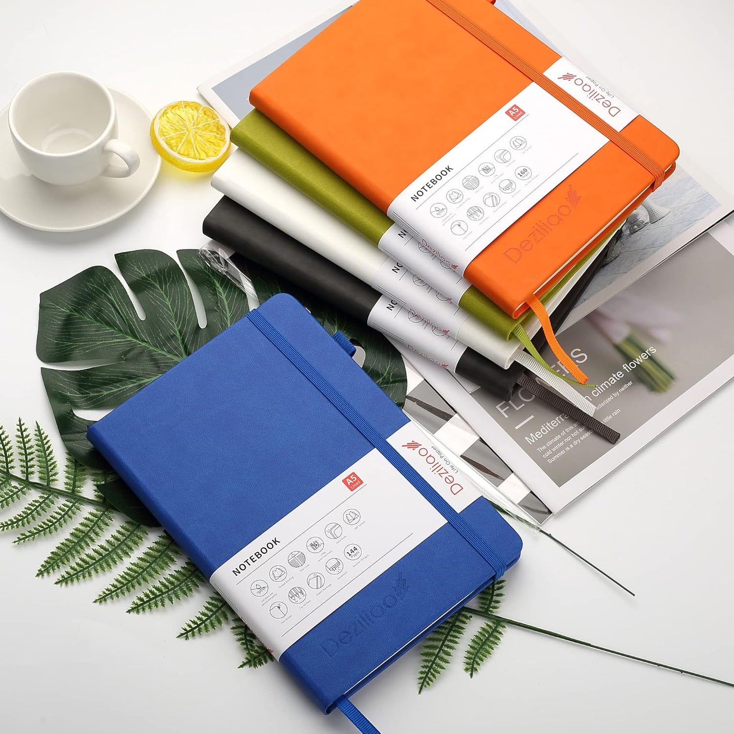 Deziliao Lined Journal Notebooks with Pen Loop, Hardcover Notebook Journal for Work, 100Gsm Premium Thick Paper with Inner Pocket, Medium 5.7"x8.4", （Blue, Ruled）
