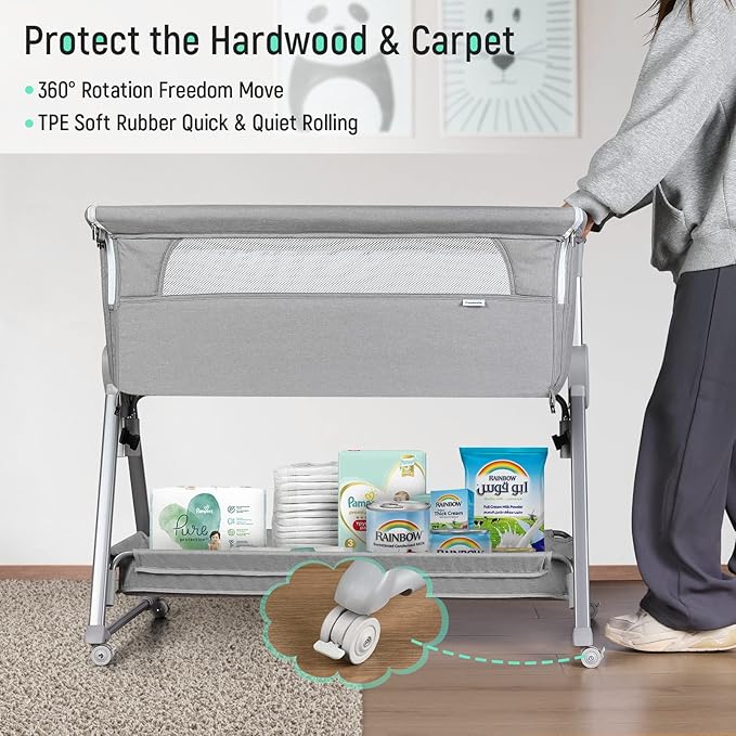 Cowiewie Bassinet Bedside Sleeper, Baby Bassinet with 7 Adjustable Height, Bedside Bassinet for Baby with Storage, Breathable Mesh & Mattress, Portable Bassinet Easy Folding (Pyramid Light Gray)