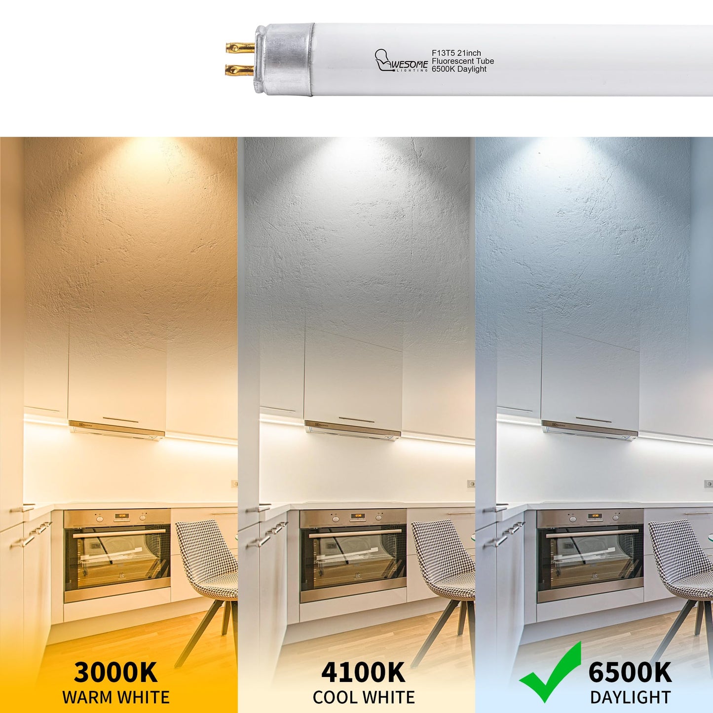 Wesome Lighting 21 Inch F13T5/Dl Fluorescent Light Bulb  6500K Daylight  T5 13 Watts Fluorescent Replacement Bulb For Counter And Cabinet Fixture  G5 Base - 6 Pack