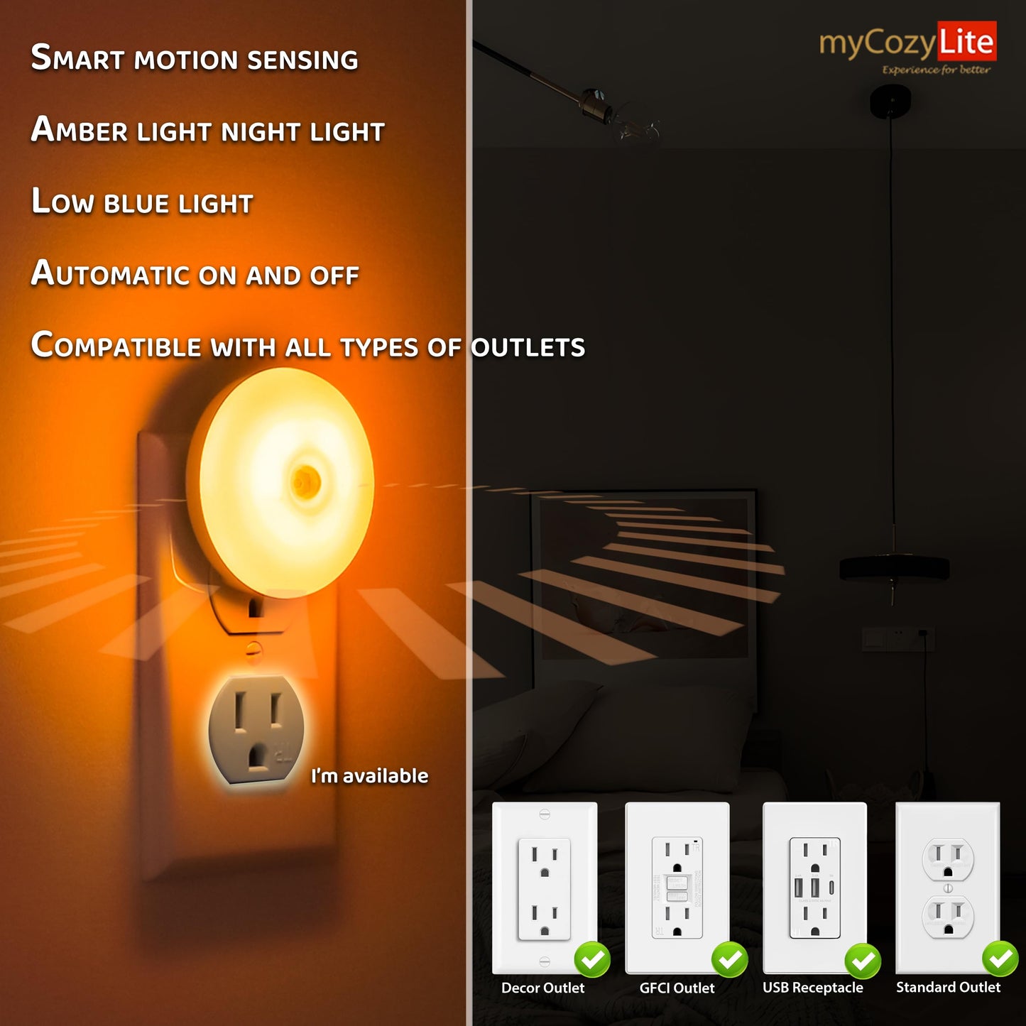 myCozyLite Amber LED Motion Sensor Night Lights, Energy Efficient, Slim Round, Plug-in, 2 Pack