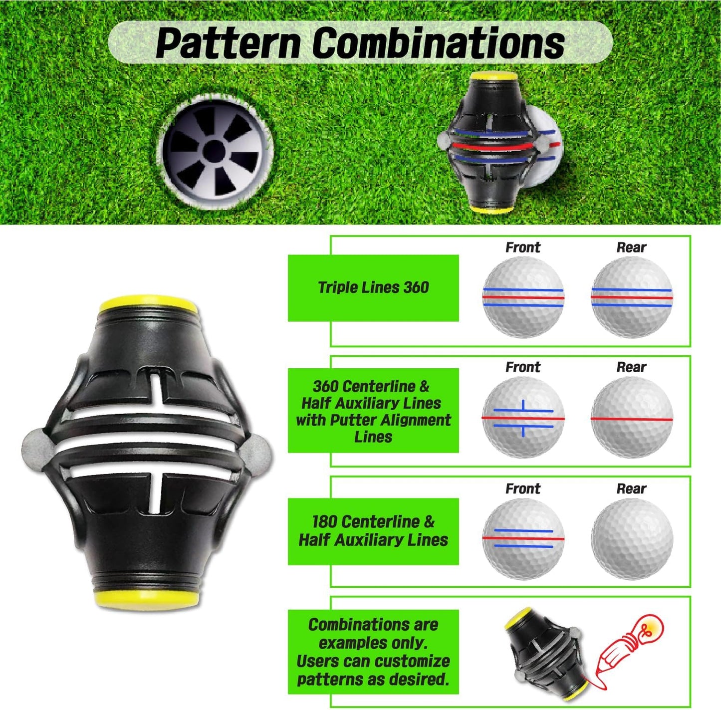 Putt Liner 360 Golf Ball Marker | 360 Degree Line Drawing Alignment Accessory Tool Identification Multicolor Triple Line Golf Gift Premium Quality