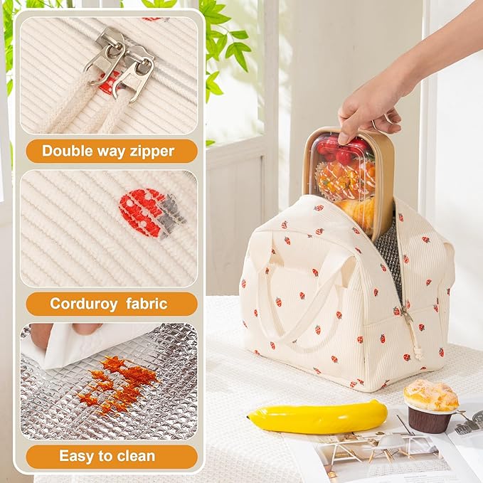 Lunch Bag for Women Mini Strawberry Insulated Lunch Box Reusable Cooler Bag Portable Cute Corduroy Leakproof Tote Bags for Travel, Work, and Picnic