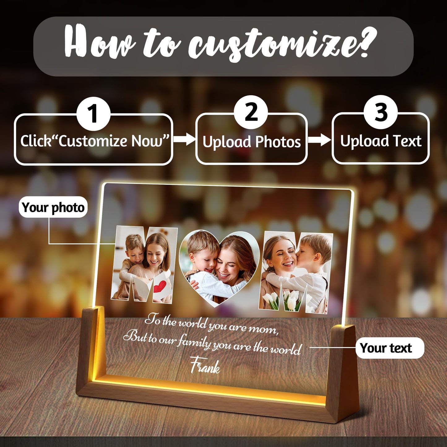 Maiwell Personalized Mothers Day Unique Gifts For Mom Wife  Mom Gifts From Daughter Son Husband  Custom Acrylic Night Light Picture Frame With Photo Name  Customized Moms Birthday Christmas Gift
