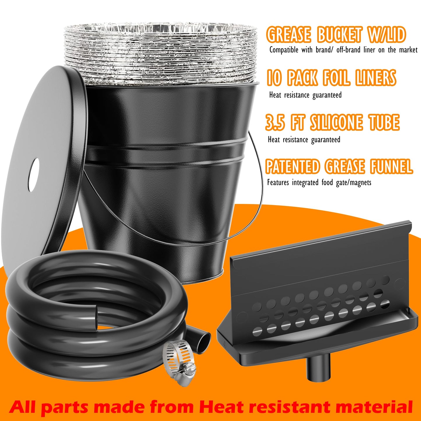 Rear Grease Catcher for Blackstone Griddle, Blackstone Grease Trap and Grease Drainage, 0.6 Gal Drip Bucket W/Lid, 10 Disposable Aluminum Liners, Black stone Griddle Accessories