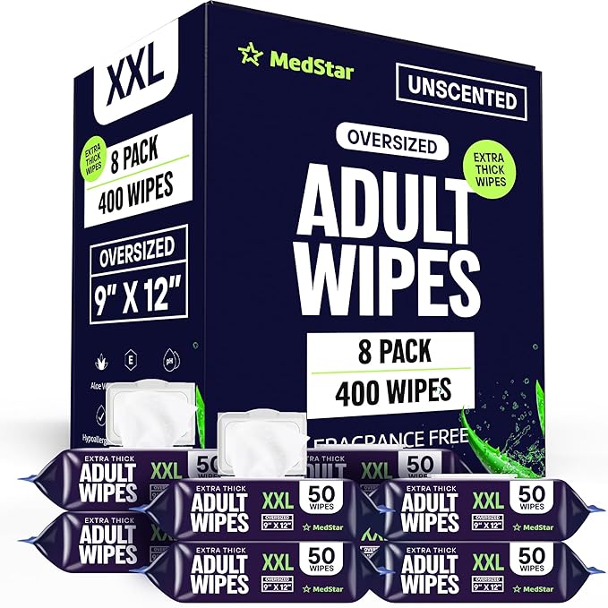 Adult Wipes for Elderly 8 Pack - Hospital Grade Extra Large Extra Thick Disposable Washcloths for Adult No-Rinse Bathing & Shower Alternative - Fragrance-Free XXL