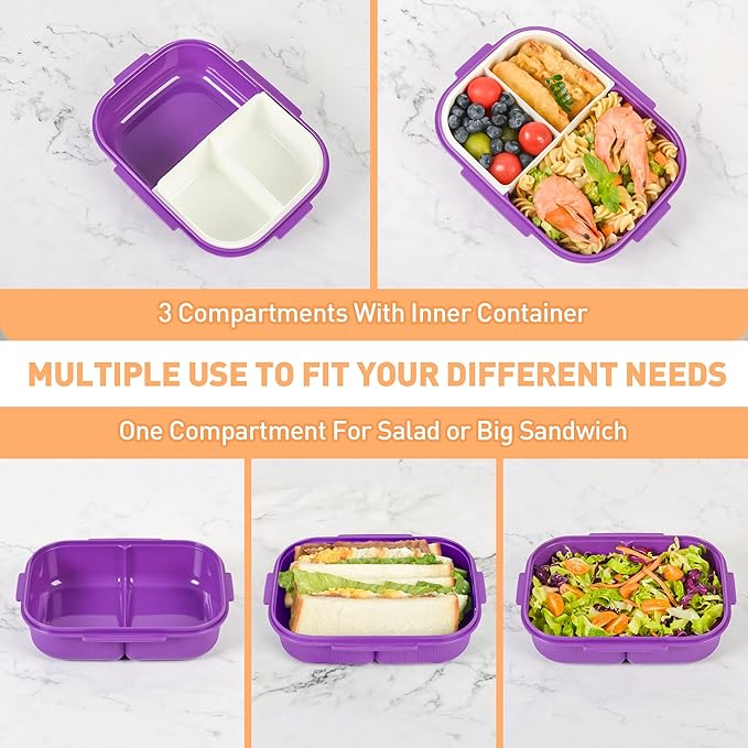 Bento Box with Removable Compartments for Adults & Kids - 1000ml Leak Proof Lunch Box with Utensils, BPA-Free, Microwave & Dishwasher Safe, Portable(Purple)