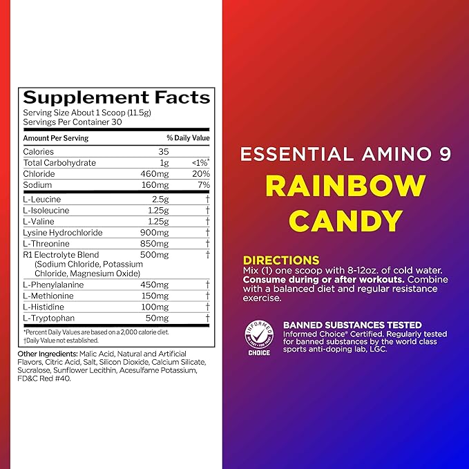 Rule 1 Essential Amino 9 – Recovery & Hydration Support with 7.5g of Essential Amino Acids + Electrolytes (30 Servings, Rainbow Candy)