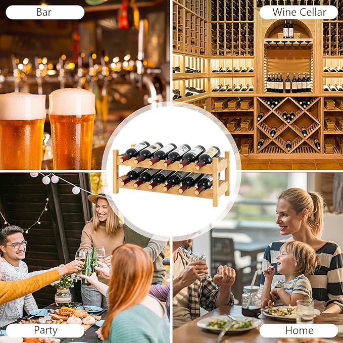 Giantex Bamboo Wine Rack, 2 Tier 12 Bottle Wine Storage Cabinet Shelf, Small Wine Rack Bottle Organizer Freestanding Counter, Countertop Wine Racks for Kitchen, Bar, Pantry & Wine Cellar, Natural