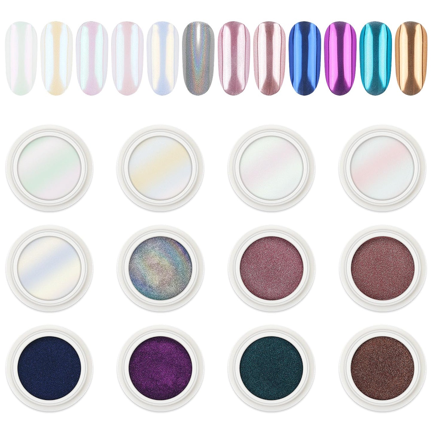AIMEILI Pearl Nail Powder, Vegan, Cruelty Free, 12 Colors Chrome Aurora Metallic Holographic Mirror Effect Nail Art Pigment Irid