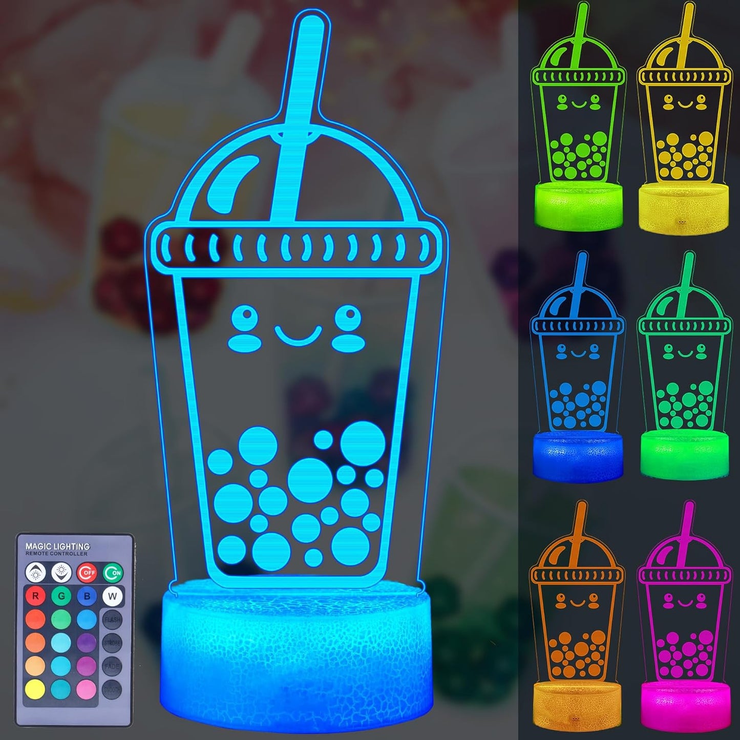 Boba Lamp, Boba Gifts, Boba 3D Night Light with Remote Control, 16 Color Changing, Timer, RGB Flashing Mode, Dimmable - Boba Gifts for Boys & Girls
