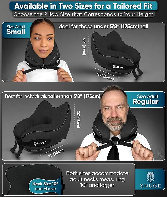 SNUGL Neck Travel Pillow - Memory Foam Airplane Pillow - Flight Pillow | Neck Support Travel Pillow with Carry Bag & Clip | Neck Pillows for Sleeping Travel Plane | Flying Travel Essentials - Black