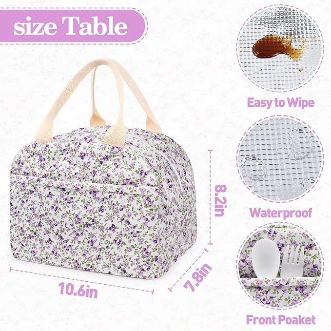 Cotton Quilted Insulated Lunch Bag, Cute Quilted Floral Lunch Tote Bags Reusable Insulated Lunch Box Coquette Aesthetic Large Capacity Insulated Cooler for Women Work Travel Picnic (Purple)