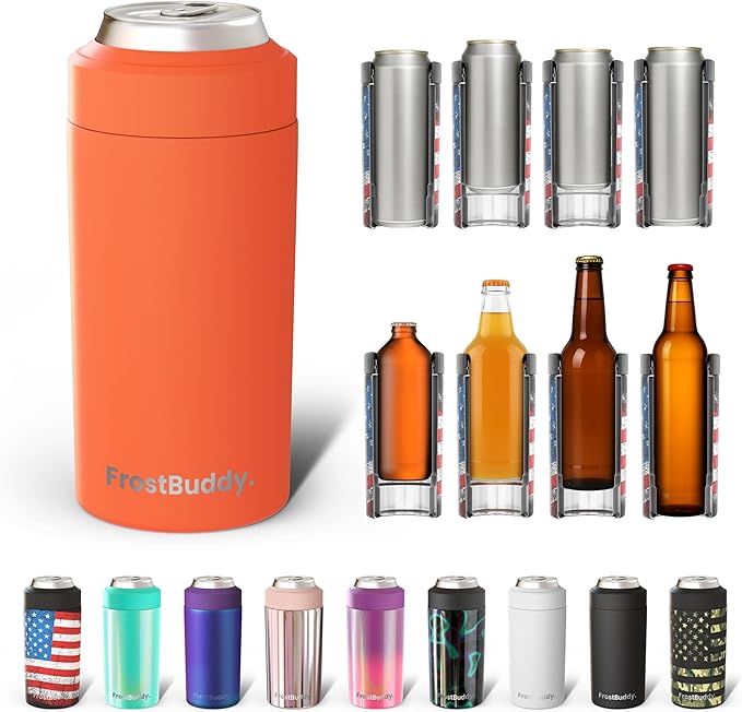 Frost Buddy Universal Buddy Can Cooler - Fits All - For Regular 12 & 16 oz or Slim-Size Bottles - Insulated Double-Walled Stainless Steel (Orange)