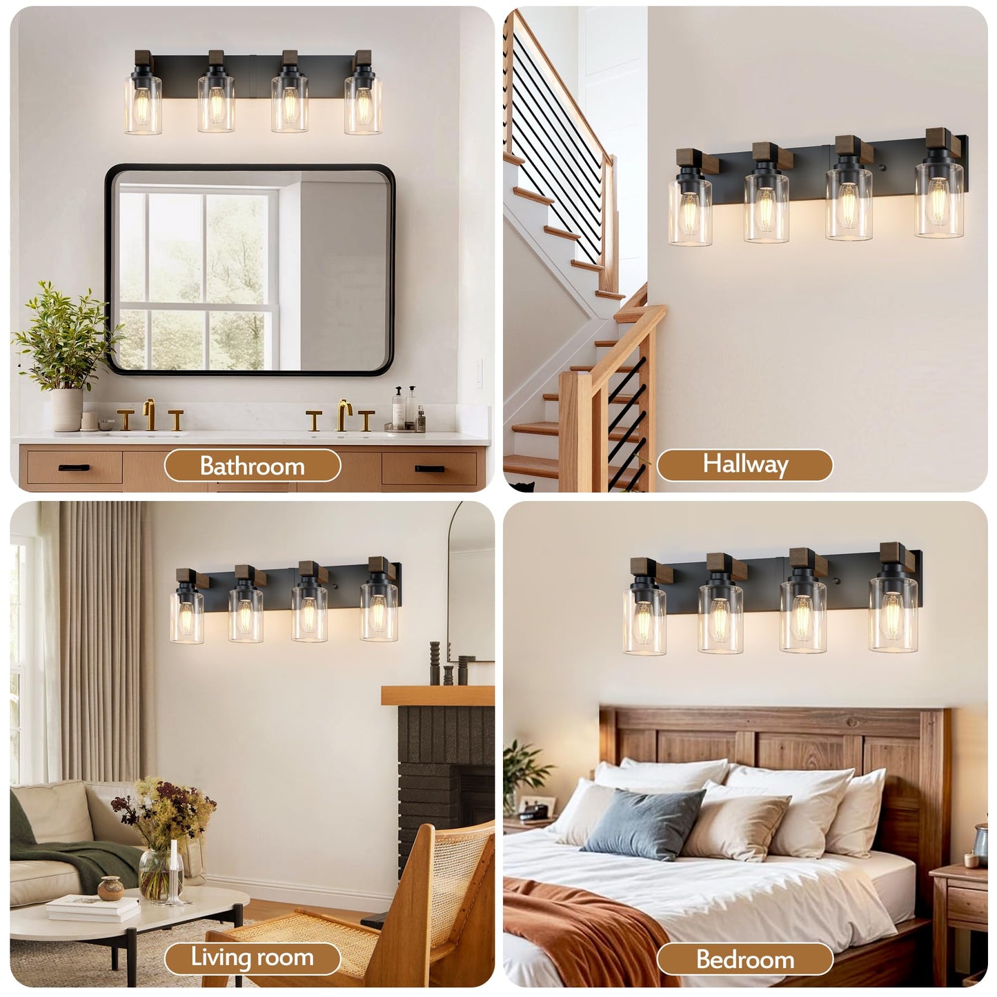 Farmhouse Bathroom Vanity Light Fixtures  Rustic 4-Light Wood Vanity Lights For Bathroom  Vintage Black Wall Sconces Lighting  Light Fixtures Over Mirror  With Glass Shade