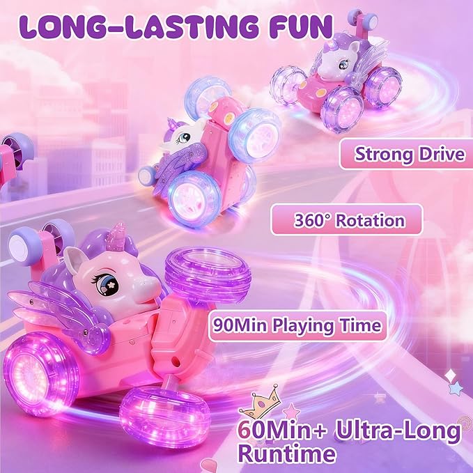 Unicorn Toys RC Car for Girls 4-6 Beginner-Friendly Cute Remote Control Toy - High-Speed All-Terrain 360°Flips Stunt & Cool Blinky Lights Ideal Christmas Birthday Gift for Age 3 4 5 6 7 8 - Purlple