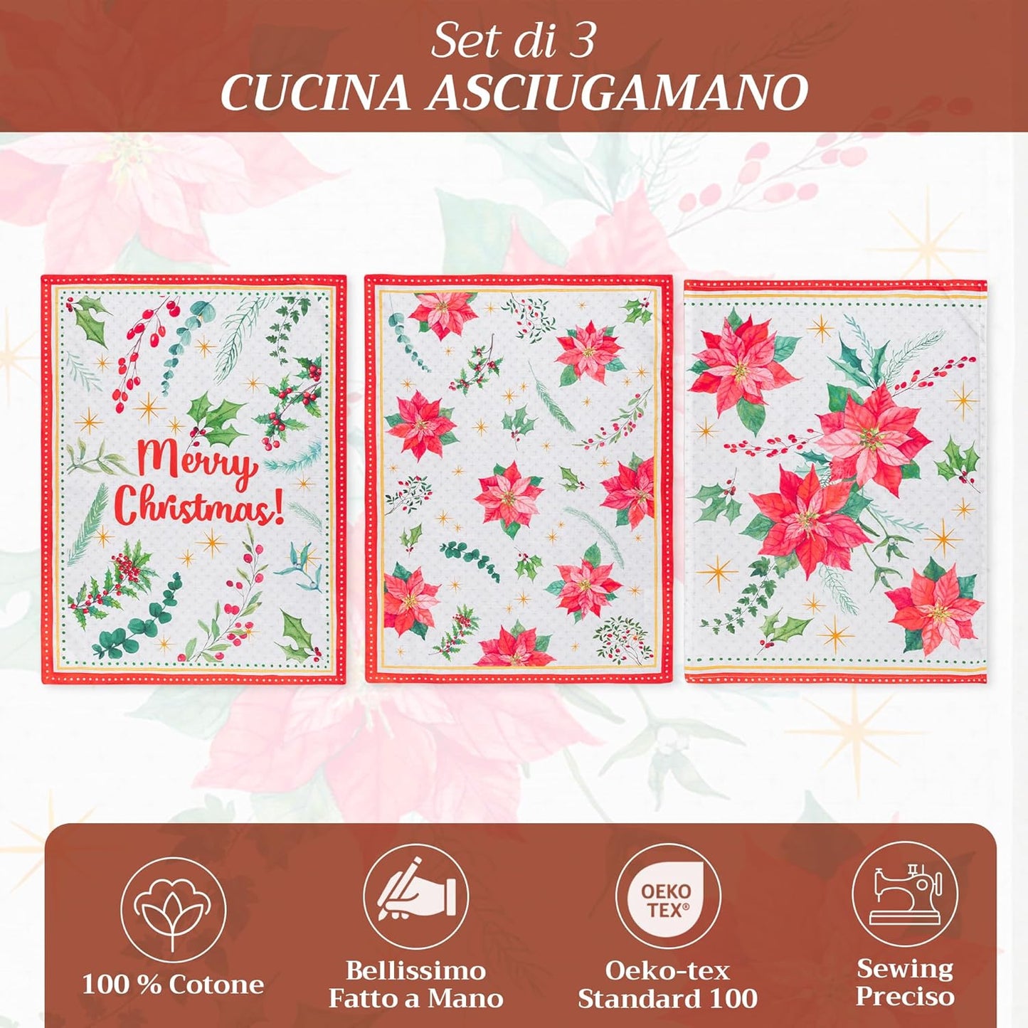 Maison d' Hermine Kitchen Towels Set of 3 100% Cotton 20" x 27.5" Reusable Cloth Tea Dish Towels Absorbent with Hanging Loop for Kitchen Thanksgiving Christmas Decorations (Poinsettia Christmas)