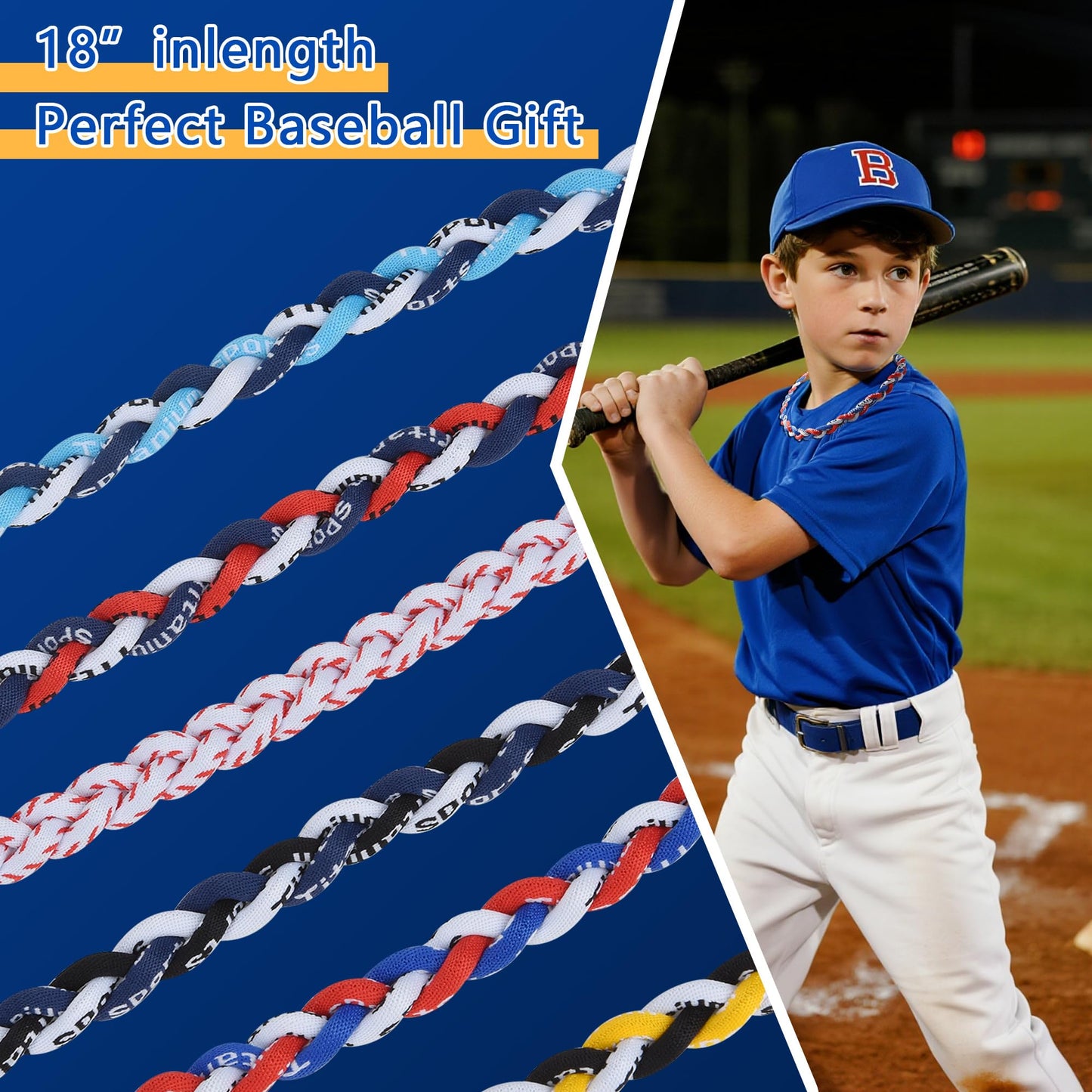 12Pack Baseball Necklaces for Boys, 18inches Braided Rope Tornado Titanium Sports Necklaces, Ideal for Baseball Team Gifts, Part