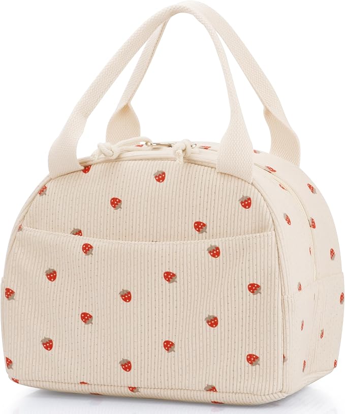 Lunch Bag - Insulated Lunch Box for Women, Reusable Large Capacity Cooler Bag for Adult, Small Leakproof Cute Corduroy Lunch Tote for Work Office Travel Picnic (Corduroy Strawberry)