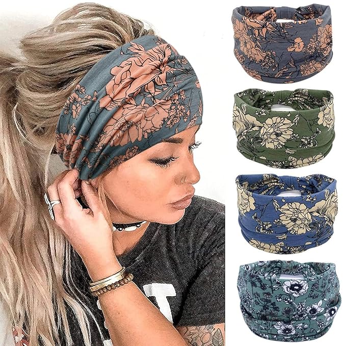 YONUF Wide Boho Headbands for Women Fashion Knotted Headband Yoga Workout Hair Accessories African Head Wrap 4 Pack