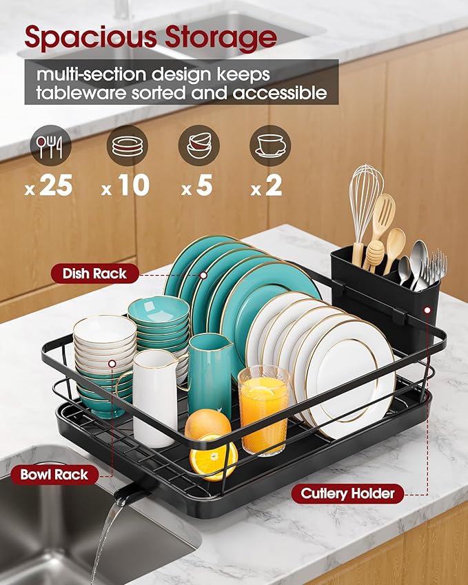 Stainless Steel Dish Drying Rack for Kitchen Counter, Sink Organization and Storage Essentials with Silverware & Utensil Holder, Home and Apartment Decor, 12''W x 15.5''L, Black