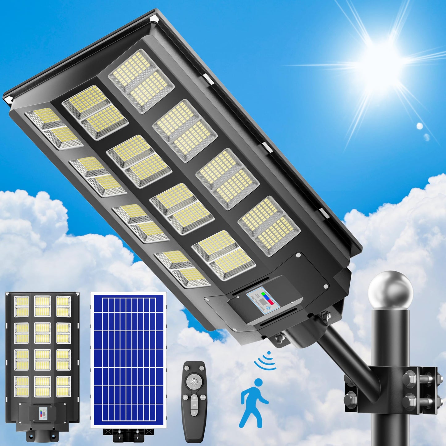 Loyoele Utral-Large Solar Street Light  Flood Lights Outdoor Waterproof Motion Sensor Led Lights Dusk To Dawn With Remote  Solar-Powered Parking Lot Light Commercial Area Lighting