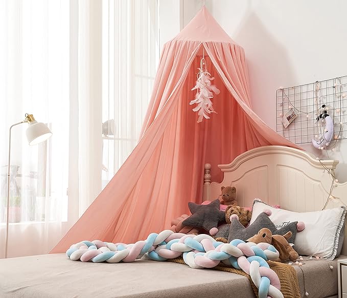 Mengersi Bed Canopy Play Tent for Kids, Round Dome Kids Mosquito Net Indoor Outdoor Castle Hanging House Decoration Reading Nook (Beige Pink)