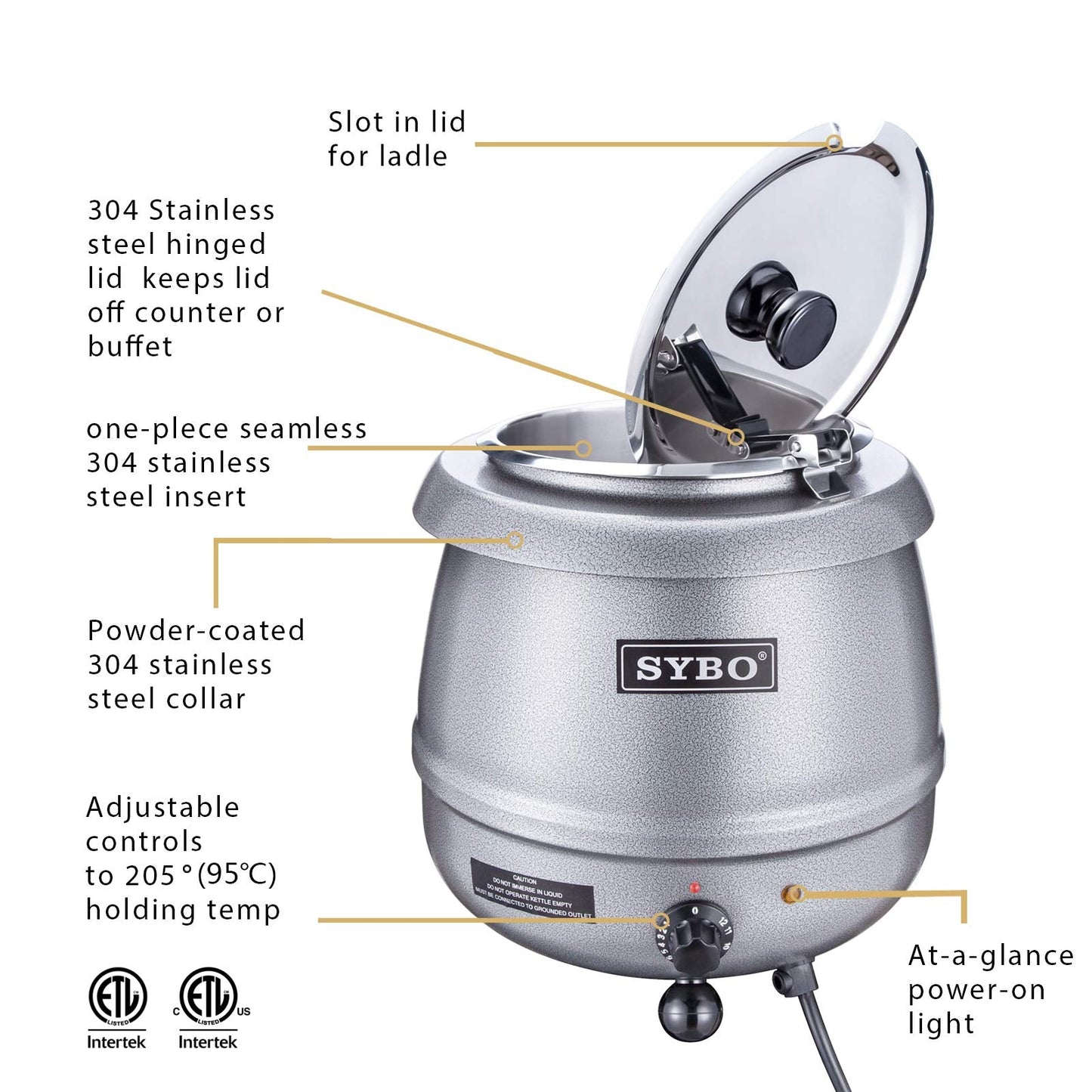 SYBO SB-6000-2G Commercial Grade Soup Kettle with Hinged Lid and Detachable Stainless Steel Insert Pot for Restaurant and Big Family, 10.5 Quarts, Silver