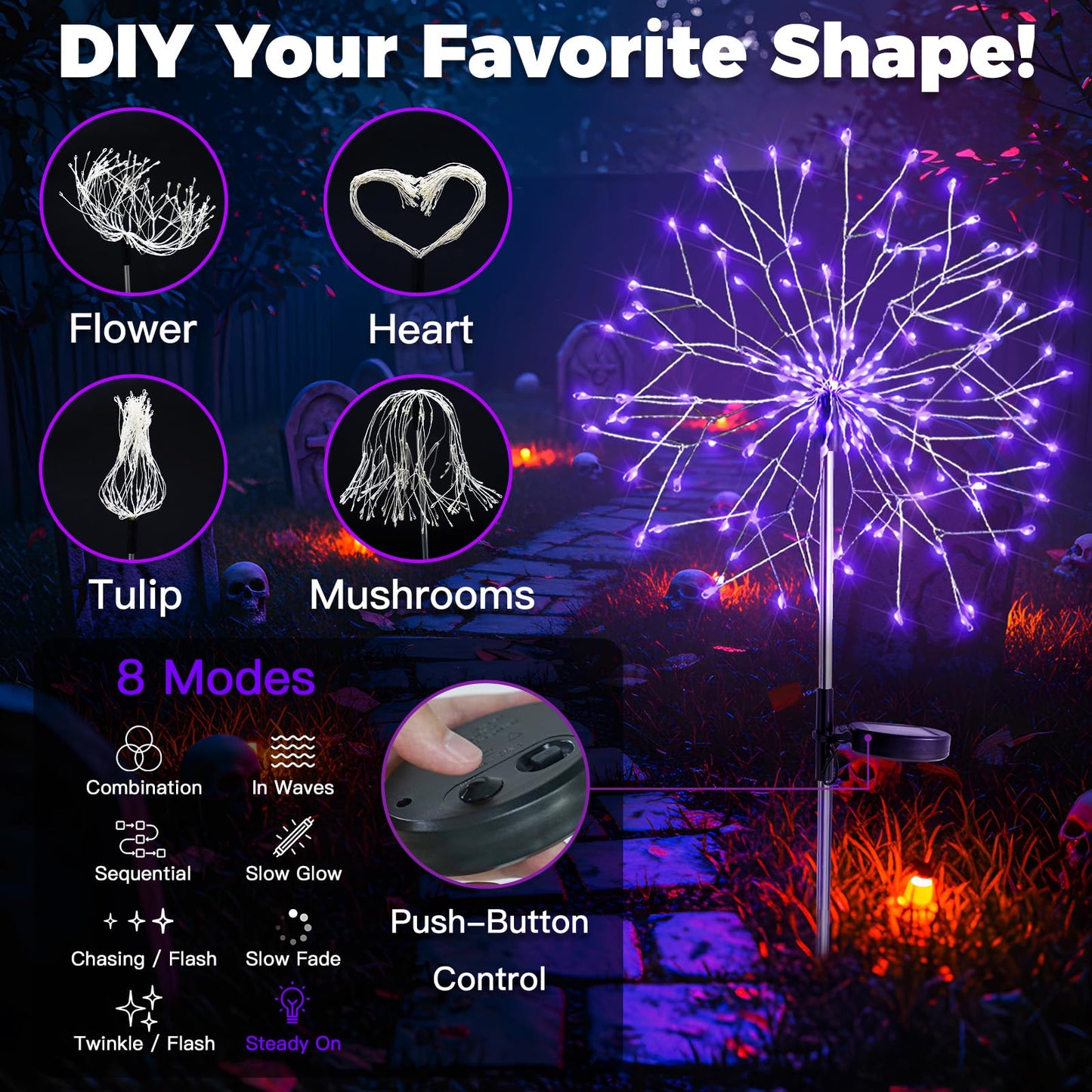 suddus Solar Garden Lights, 150LED Purple Firework Lights, 2 Pack, Waterproof, 8 Modes for Halloween Yard Decorations