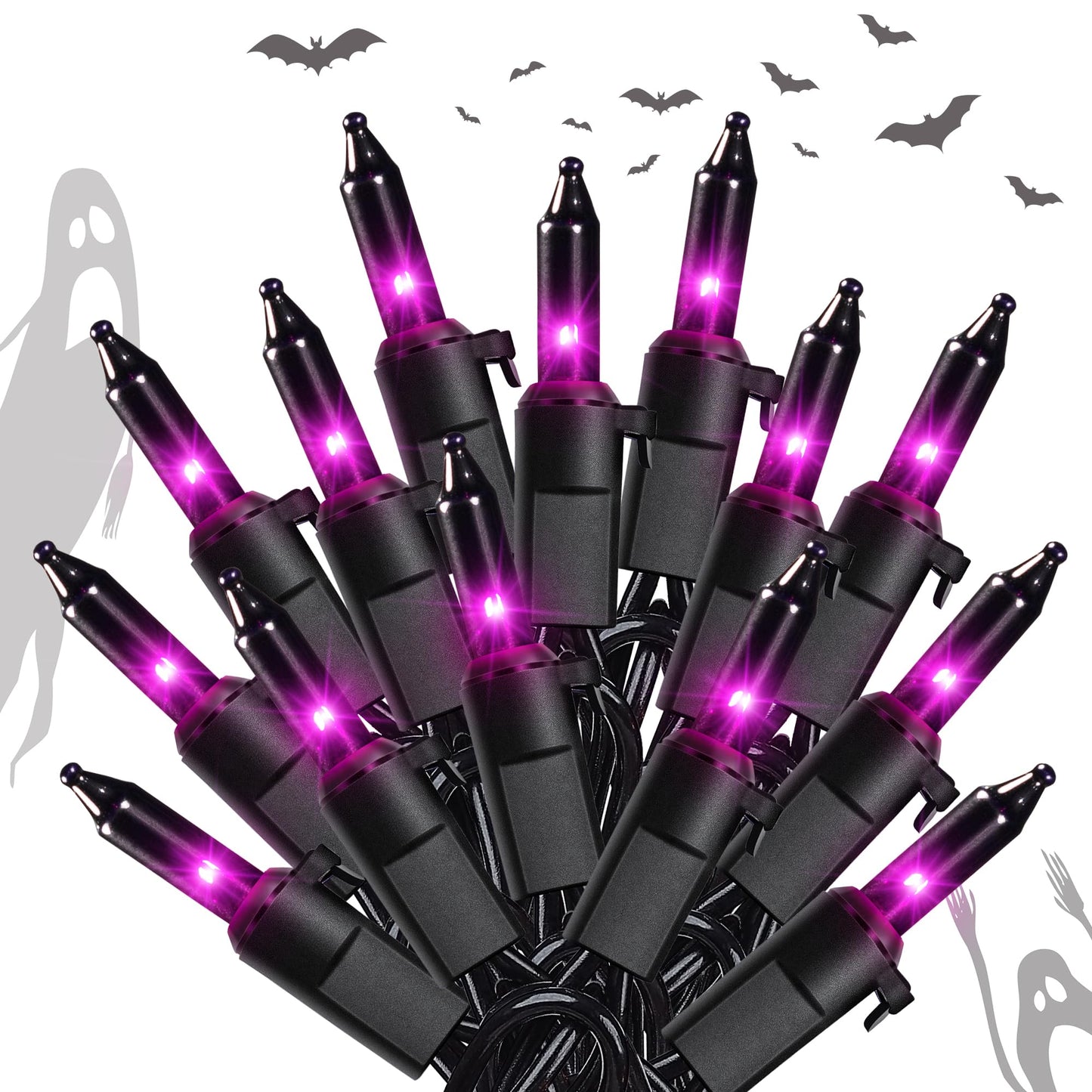 YOUNGAR Purple Halloween String Lights, 50 Count, 13FT, Waterproof, Black Wire for Indoor/Outdoor Decor