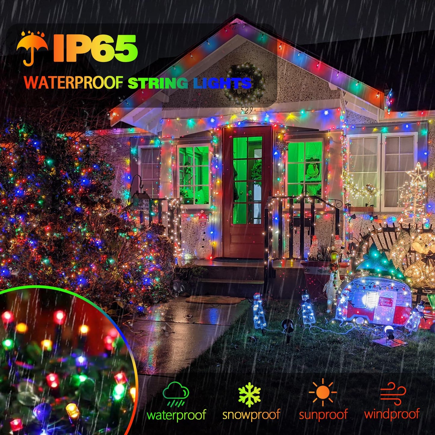 SANJICHA Solar String Lights, 320 LED, 8 Lighting Modes, 180FT, 4 Pack, Waterproof, Multicolor, Green Wire