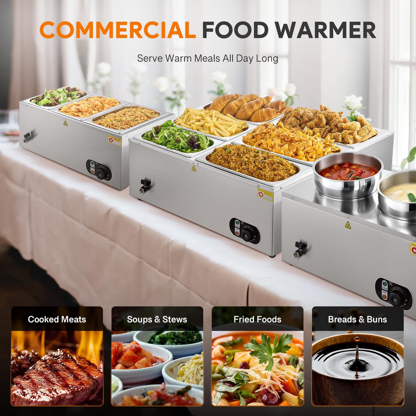 WILPREP Commercial Food Warmer with Six 1/3 Pans, 1500W Countertop Electric Warmer, 86-185°F Adjustable Temp Control & Over-Temp Protection, Stainless Steel Buffet Bain Marie